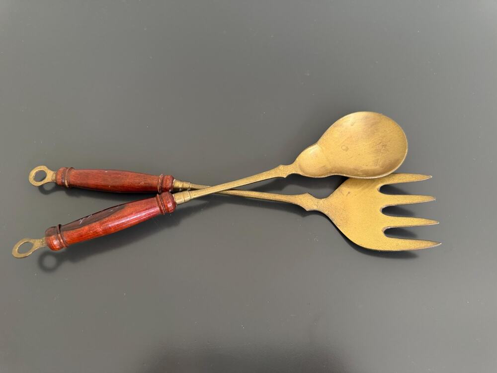 Vintage Brass Salad Serving Set with Wooden Handles